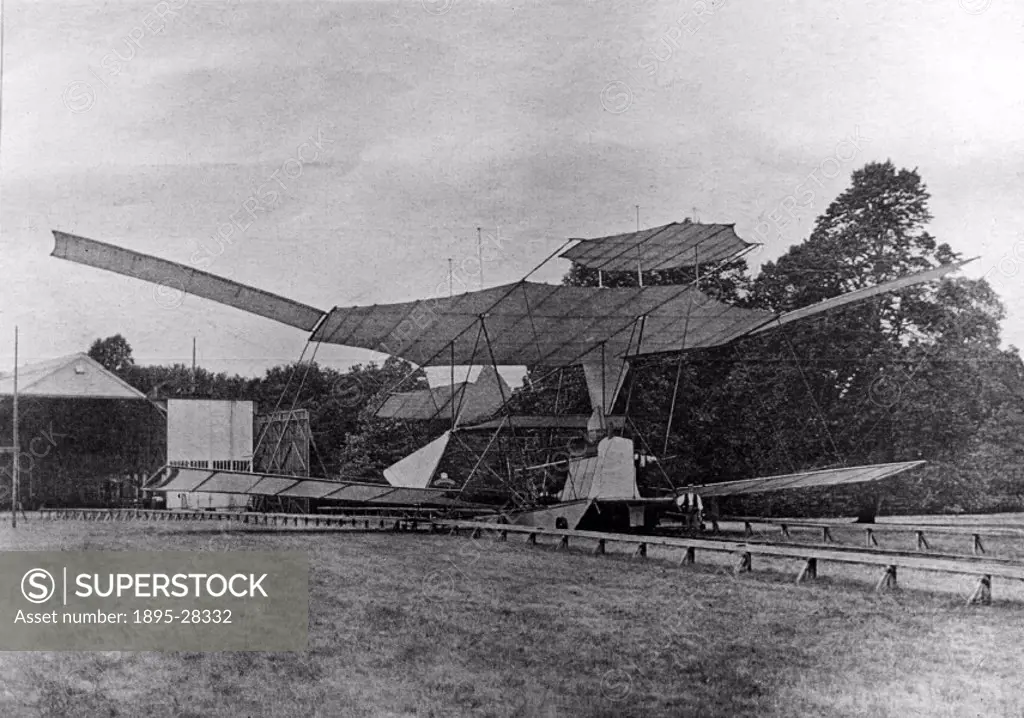 Photograph. Sir Hiram Stevens Maxim (1840-1916) designed and built this flying machine in 1893-1894. He had previously found fame by inventing the mac...