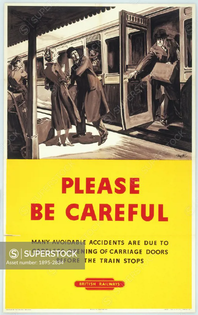 Please be Careful´ BR poster, c 1950s. Poster produced for British Railways (BR) warning its passengers that ´Many Avoidale Accidents are due to Carel...