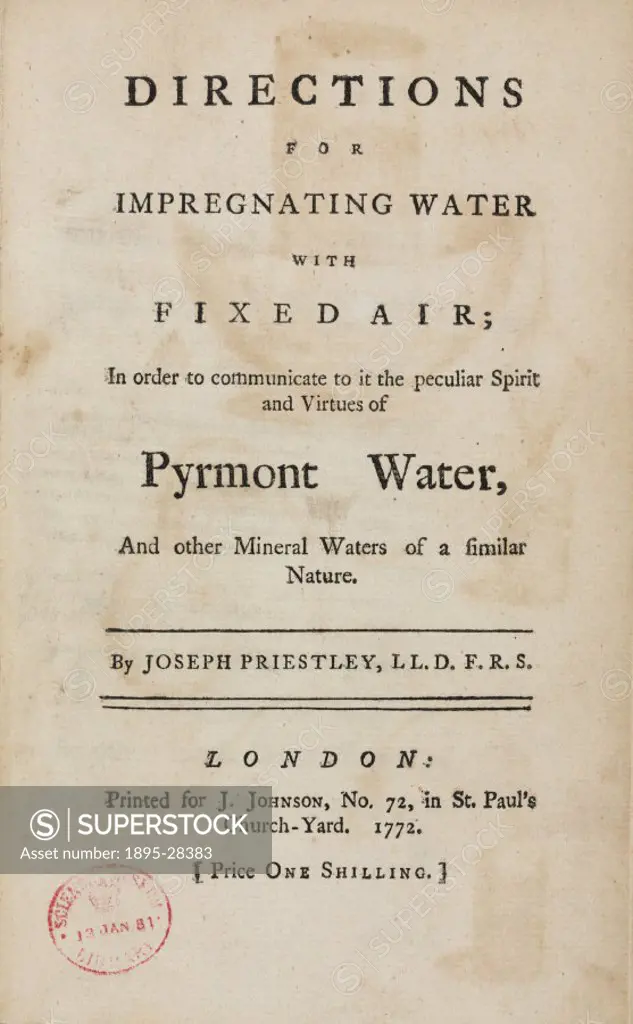 Title page from Directions for impregnating water with fixed air...’ by English clergyman and chemist Joseph Priestley (1733-1804). Published in Lond...