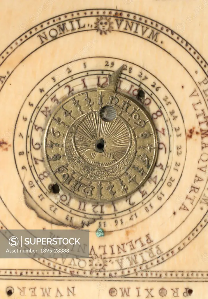 Sundial with ivory folding tablets made by Hans Tucher of Nuremberg, Germany. Dimensions: 6 inches by 4 inches. Detail.