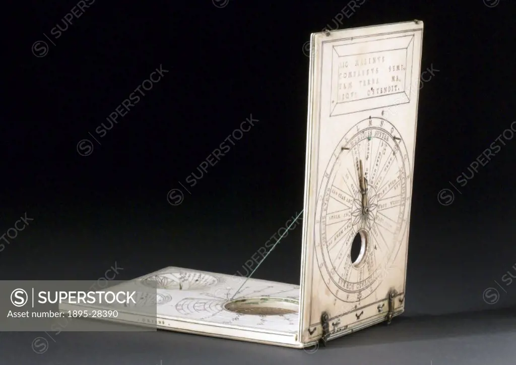 Sundial with ivory folding tablets made by Hans Tucher of Nuremberg, Germany. Dimensions: 6 inches by 4 inches. Side rear view.