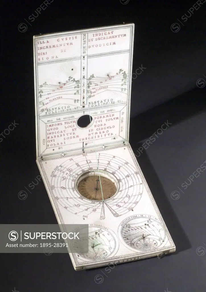 Sundial with ivory folding tablets made by Hans Tucher of Nuremberg, Germany. Dimensions: 6 inches by 4 inches.