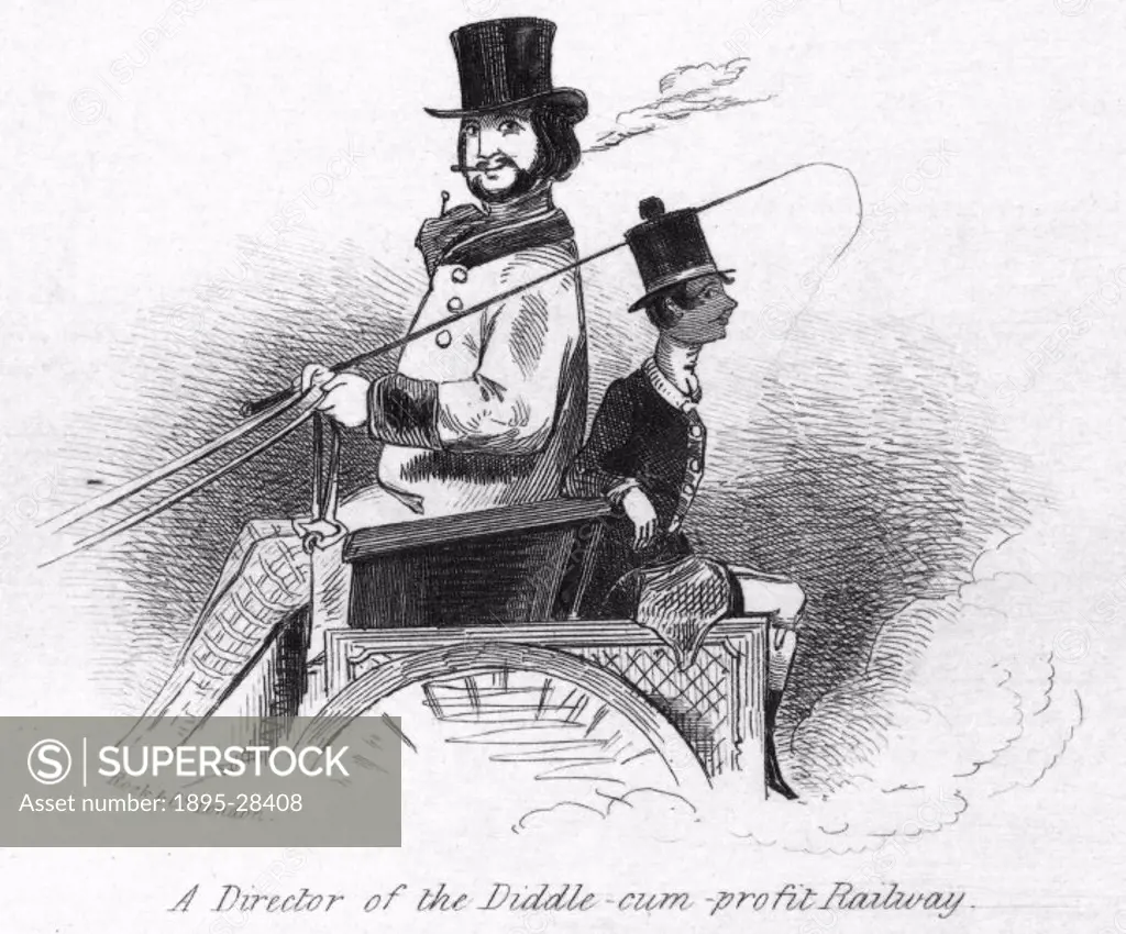 Two men riding on a carriage. One of four satirical sketches used for headed notepaper satirising the speculative investment fever of the railway mani...