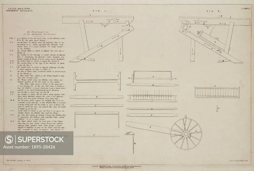 Patent drawing (drawn on stone) by Malby and Sons of 1856 of the patent submitted on 12 June 1770 by James Hargreaves (c 1720-1778). Originally dating...