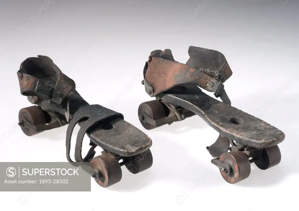 Roller skates designed to be strapped over the wearer´s own shoes. The first attempts to make roller skates appear to begin in the 18th century. By 18...