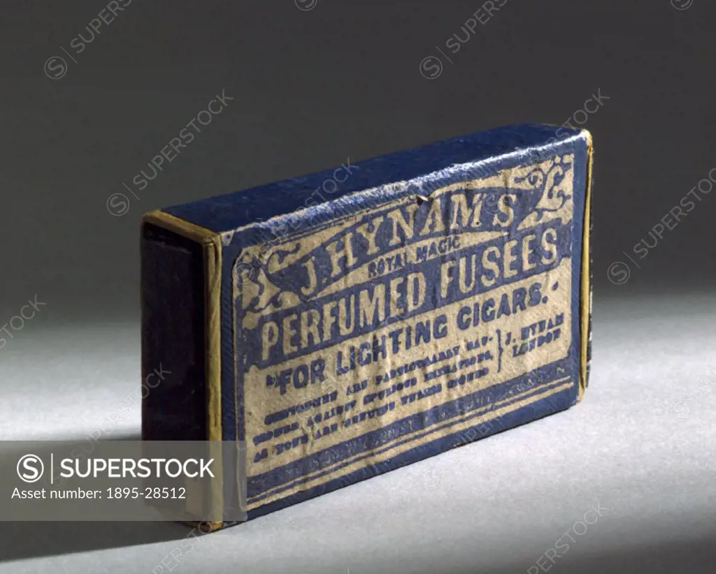Matchbox containing Hynams perfumed fusees for lighting cigars by J Hynam, Finsbury, London. The fusee was a type of large headed match capable of st...