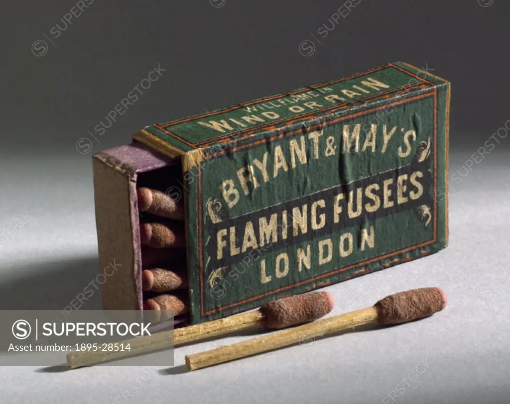 Match box containing Bryant and Mays flaming fusees, guaranteed to flame in wind or rain. The fusee was a type of large headed match capable of stayi...