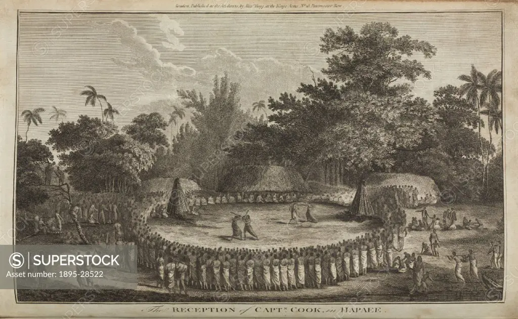 Engraving of a scene in Hapaee, (now known as Ha´apai, Central Tonga, one of the Friendly Islands), from ´Complete History of Captain Cook´s First, Se...