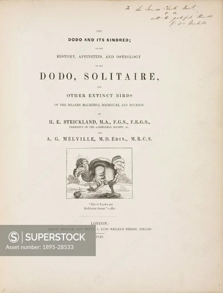 Illustrated title page, with a quotation from Horace (65-8 BC), from Hugh Edwin Stricklands (1811-1853) book on the dodo, published in London in 1848...
