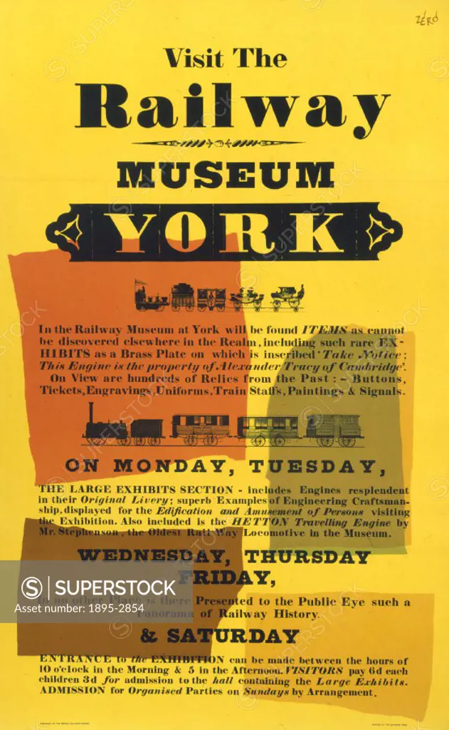 Poster produced for British Railways (BR) to promote rail travel to the National Railway Museum in York. Artwork by Zero.