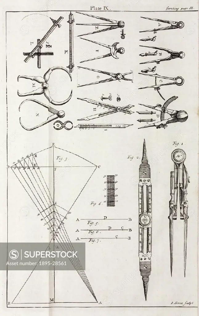 Callipers, dividers and other instruments, from The construction and principal uses of mathematical instruments’ by N Bion (1652-1733), published in ...