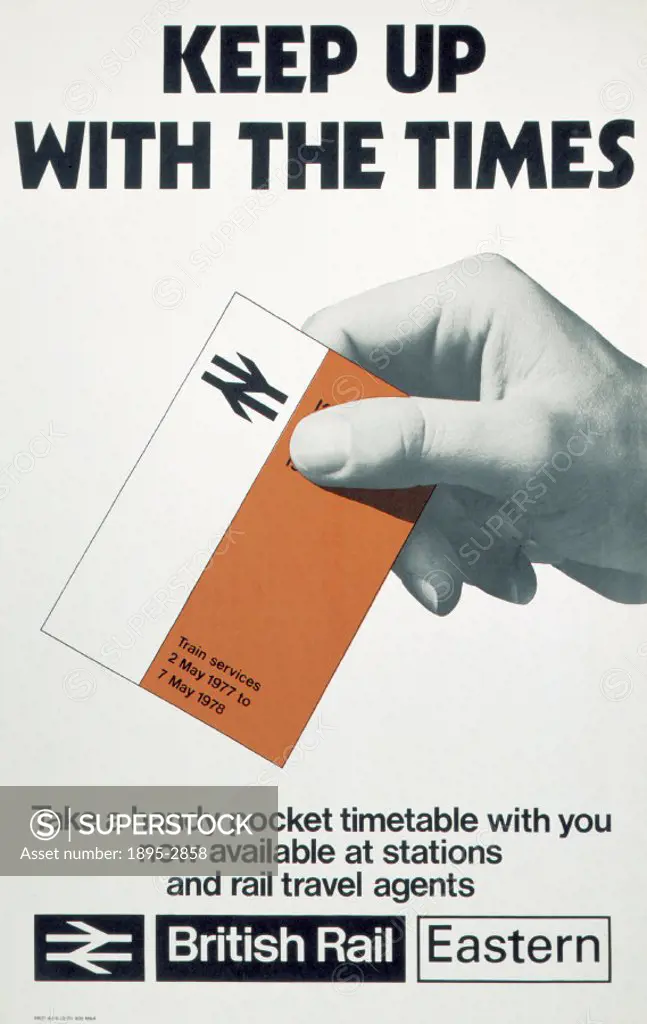 Poster produced for British Railways (BR) to promote the companys new pocket timetables. The poster shows a hand holding a pocket timetable for train...