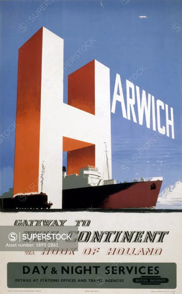 Poster produced for British Railways (Eastern Region), to advertise train services to Harwich in Essex and ferry connections to the continent. Illustr...