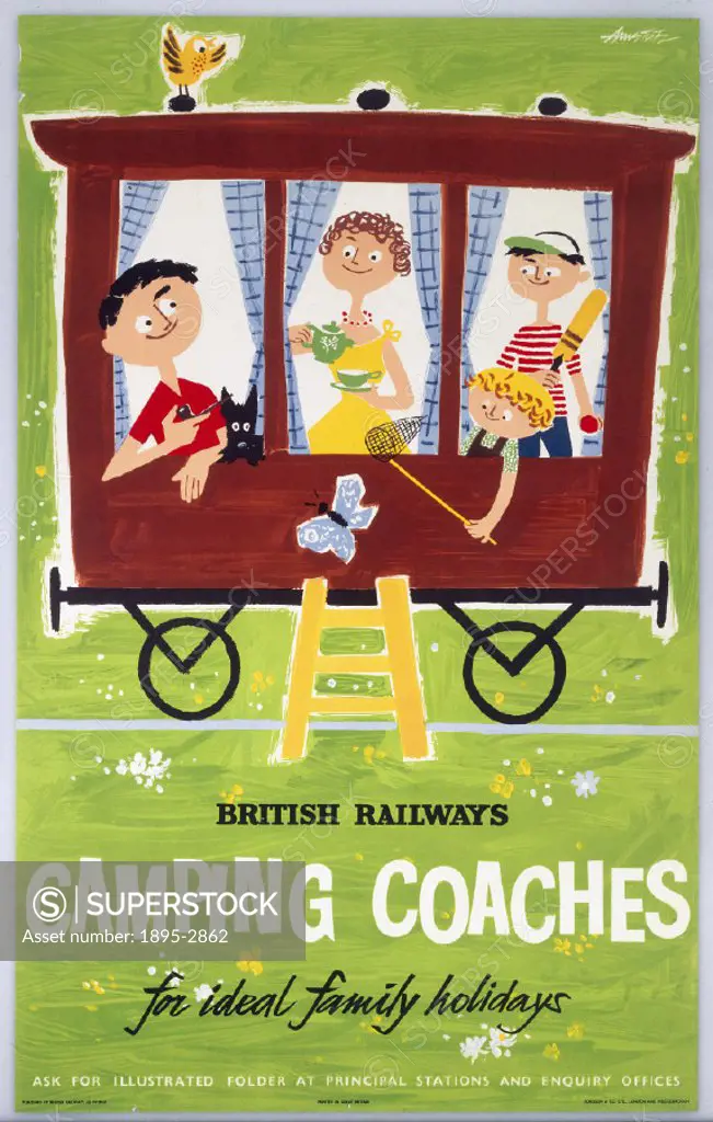Camping Coaches for Ideal Family Holidays´ by Amstutz. British Railways poster showing cartoon family and their pets enjoying their stay in a ´camping...