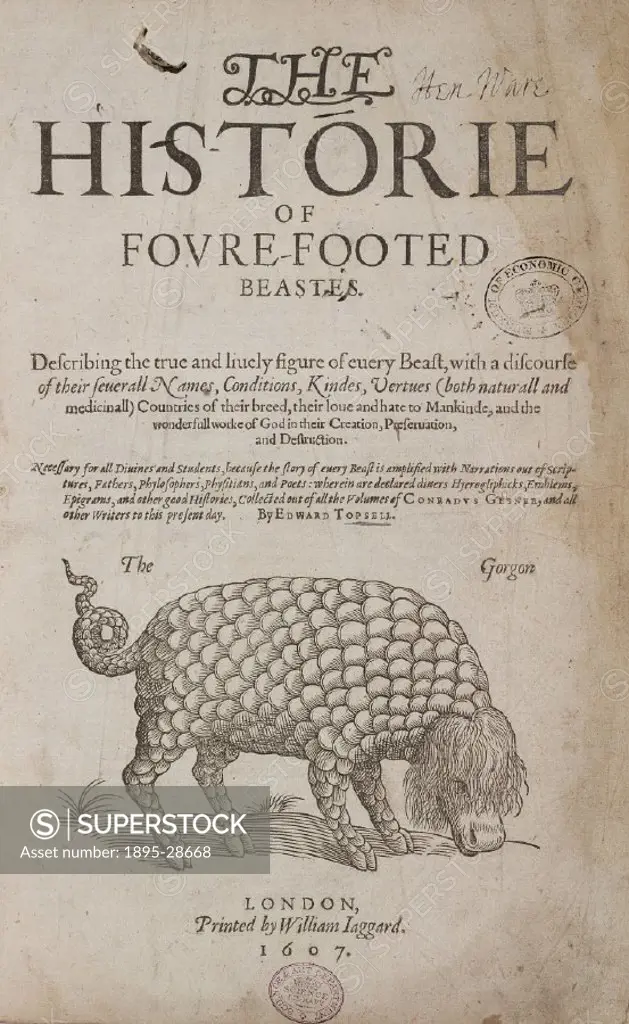 Title page with a woodcut of a gorgon from The Historie of foure-footed beastes’ by Edward Topsell (1572-1625?) published in London in 1607. Topsell´...