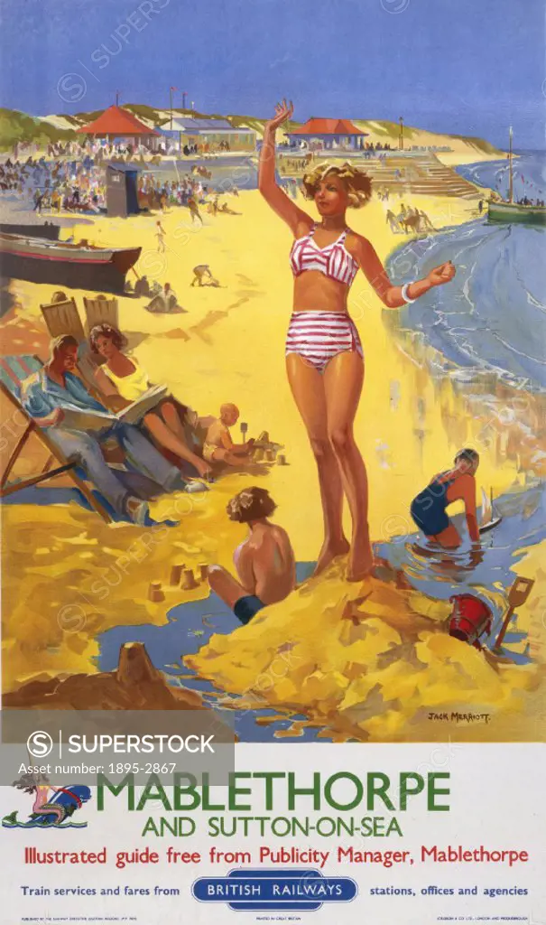 Poster produced for British Railways (BR) to promote rail travel to Mablethorpe and Sutton-on-Sea, Lincolnshire. The poster shows a beach scene with a...