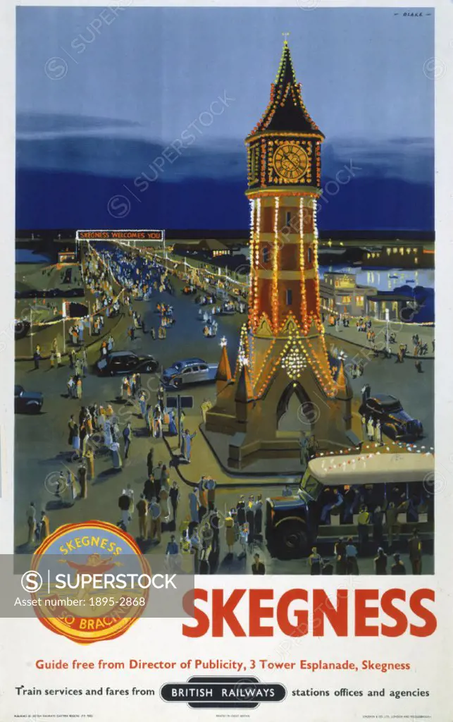 Poster produced for British Railways (BR) to promote rail travel to Skegness in Lincolnshire. Artwork by F Donald Blake.