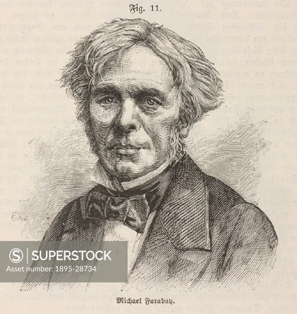 Engraved portrait of Michael Faraday (1791-1867) who discovered the principles of the electric motor and dynamo. His great life work was the series ´E...