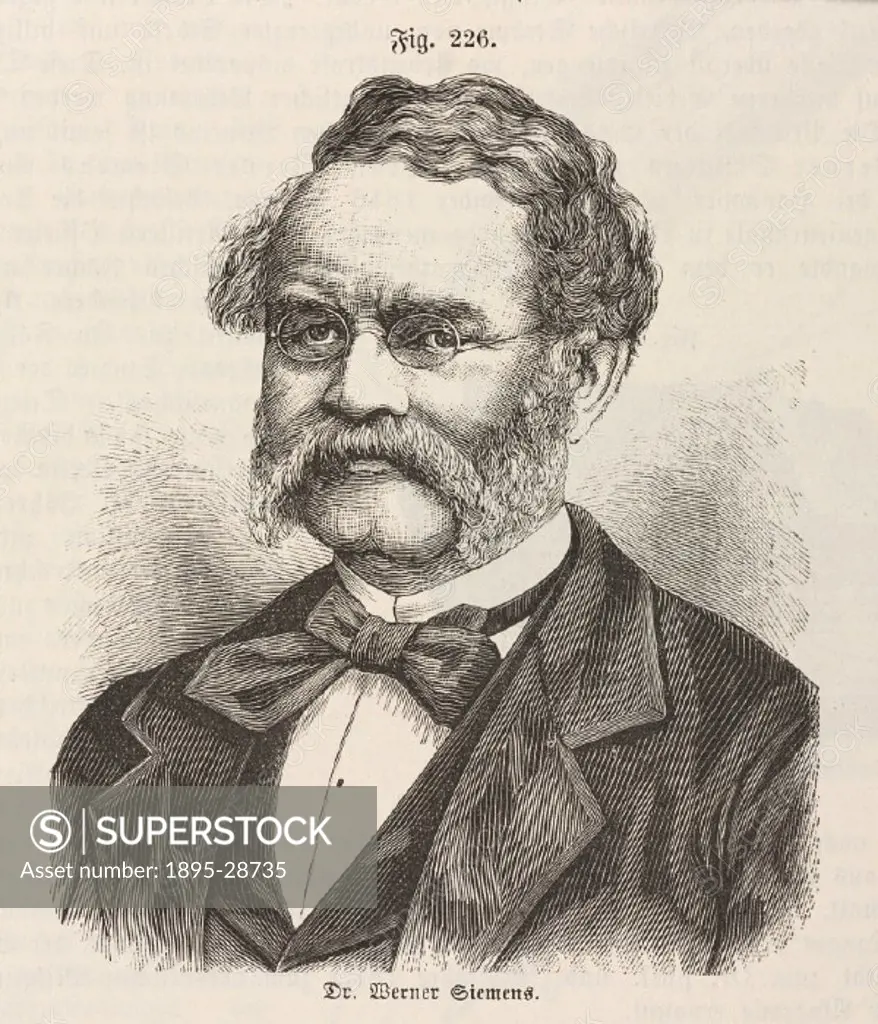 Engraved portrait of Ernst Werner von Siemens (1816-1892) who co-invented an electroplating process (1841) and also developed an electric dynamo. He w...