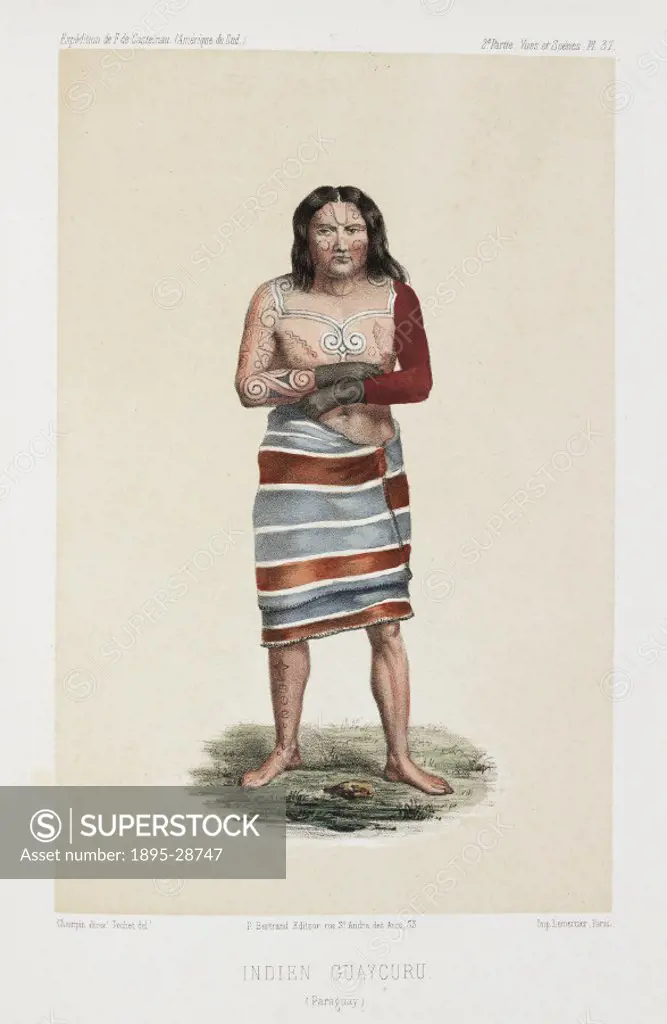 Lithograph by Pochet of a Guaycuru or Guaicuru man, with traditional body paint. From Expedition dans les parties centrales de l´Amerique du Sud’ (E...