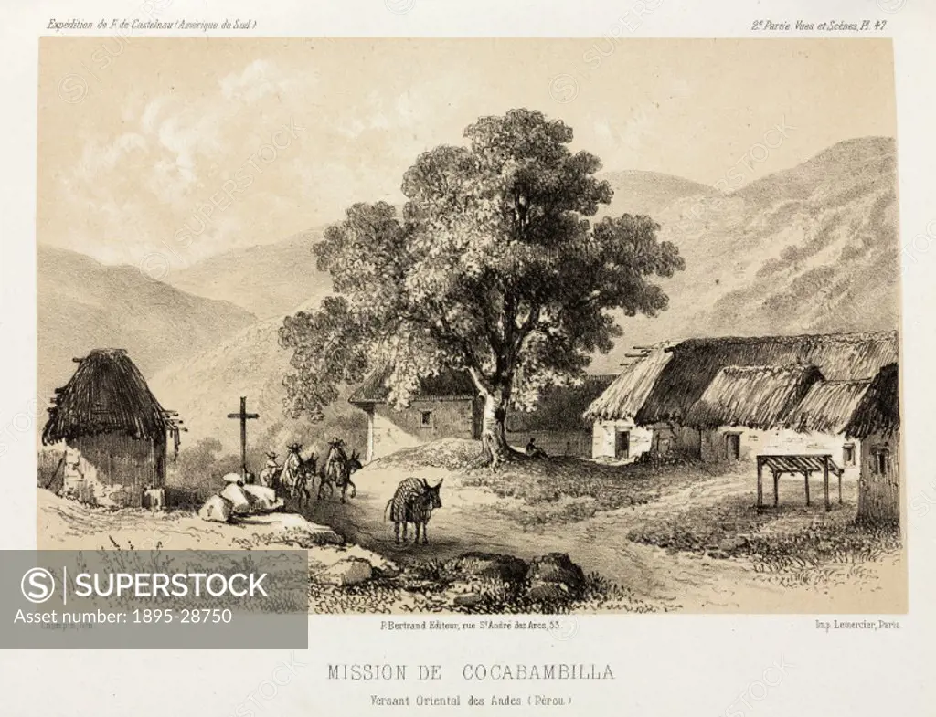 Lithograph by Champin of the mission station at Cocabambilla in the Eastern Andes. From Expedition dans les parties centrales de l´Amerique du Sud’ (...
