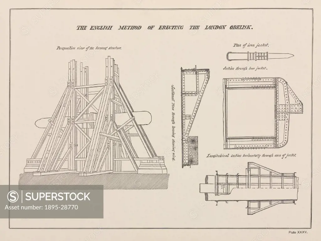 Engraved drawing from ´Egyptian Obelisks´ by Henry H Gorringe, (New York, 1882). The diagram shows the iron jacket and wooden beams used to erect this...
