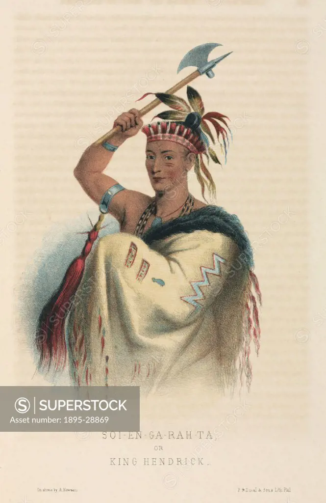 Lithograph made in 1857 by A Newsam of the Native American chief (c 1685-1755), also known as Thoyanoguen, who was a Mohican by birth but was adopted ...