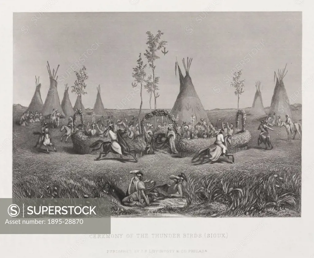Engraving of Native Americans performing a ritual, thunder and lightning were attributed to giant creatures known as thunderbirds.The Native American ...
