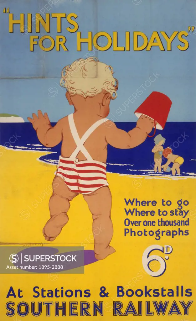 Poster produced for Southern Railway (SR) to promote the companys publication ‘Hints for Holidays, which gave advice on where to go and where to sta...