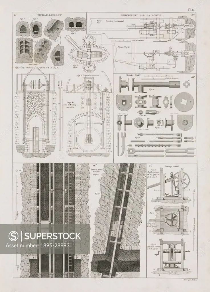 Engraving by Baltard, showing methods of tunnel construction, mine shafts, and vertical and horizontal boring equipment. Illustration from De la rich...