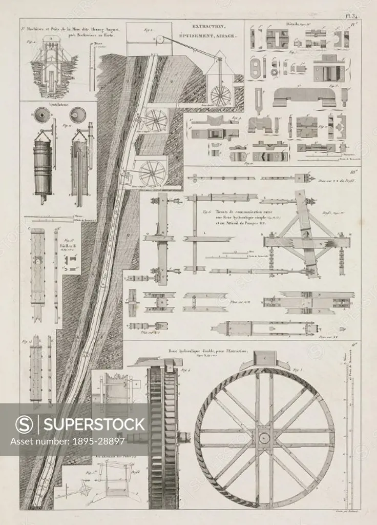 Engraving by Baltard of equipment used to drain water and ventilate the Herzog August mine in Bockweise, Hartz. Illustration from De la richesse mine...
