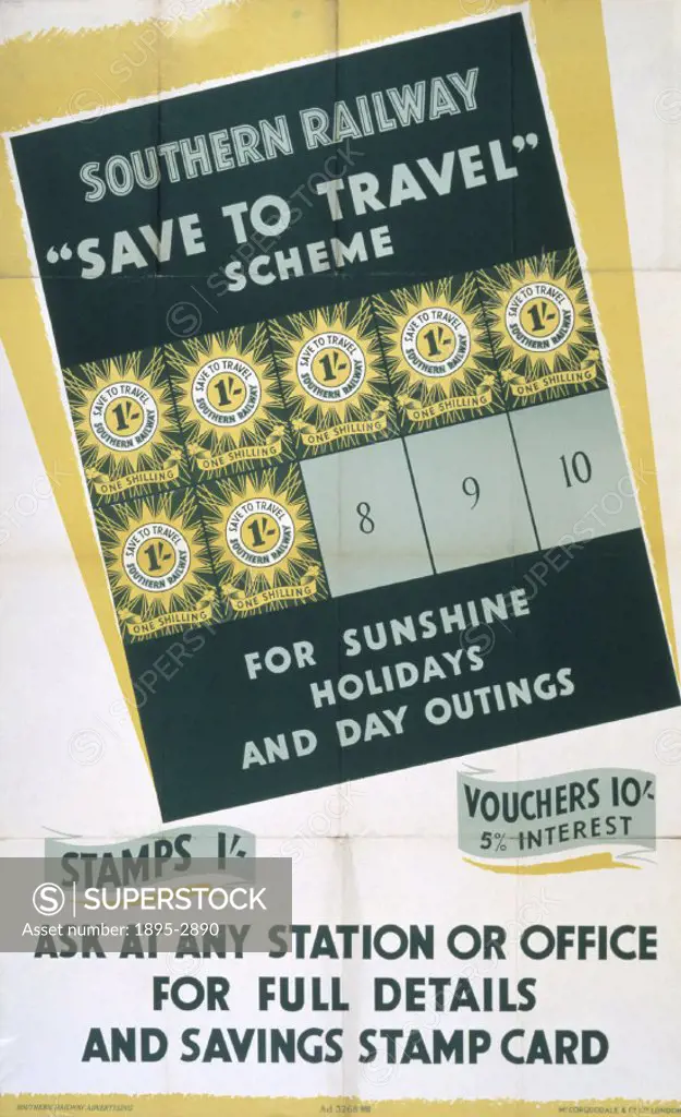Poster produced for the Southern Railway (SR) to promote the company´s ´Save to Travel´ scheme, whereby passengers collected stamps and vouchers to be...