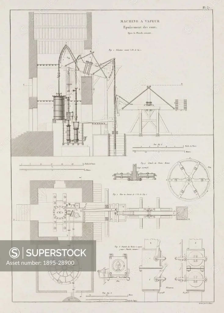 Engraving by Le Blanc of equipment used to drain mines. Illustration from De la richesse minerale: Considerations sur les mines, usines et salines de...