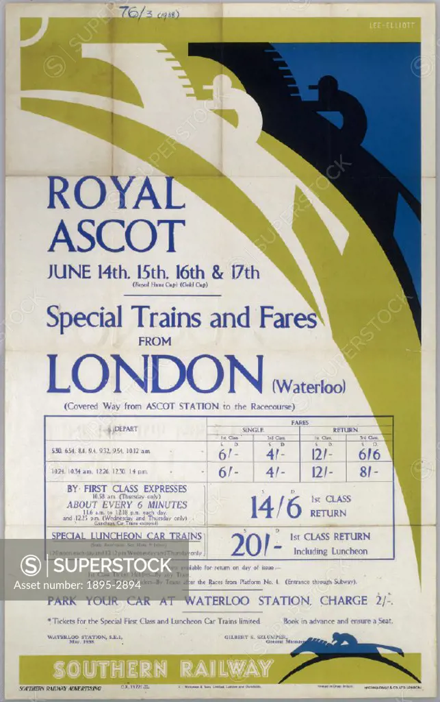 Royal Ascot 14-17 June 1938 - Special Trains and  Fares from London´, SR poster, 1938. Poster produced for the Southern Railway (SR) to promote their ...