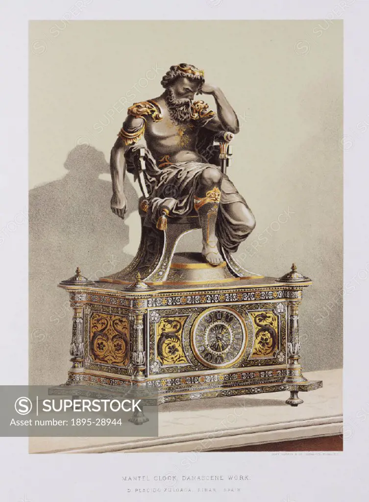 Chromolithograph by Clay, Cosack & Co of a damascene work clock by D Placido Zuloaga of Eibar, Spain. Colour plate from ´Treasures of art, industry an...