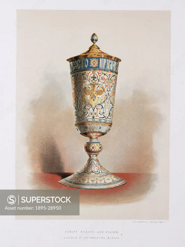 Chromolithograph by Clay, Cosack & Co of a goblet made by Sazikow of St Petersburg, Russia. Colour plate from ´Treasures of art, industry and manufact...