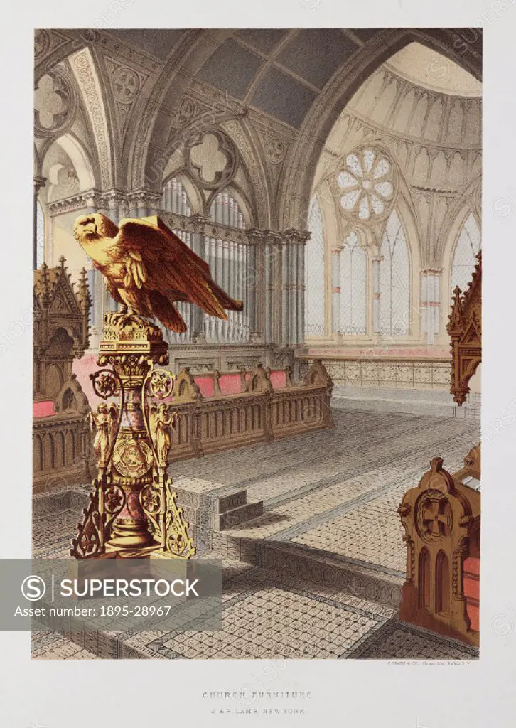 Chromolithograph by Cosack & Co of a lectern in the form of an eagle, by J & R Lamb of New York. Colour plate from ´Treasures of art, industry and man...