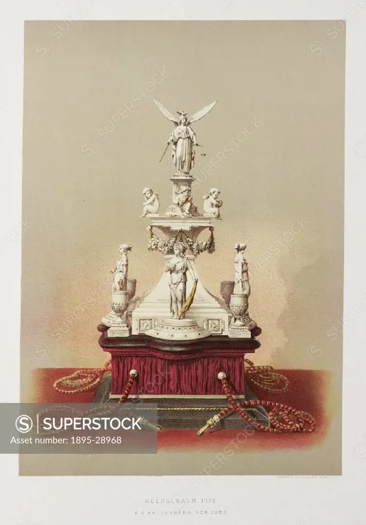 Chromolithograph by Cosack & Co of a pipe made by F J Kaldenberg of New York. This ornate piece is surmounted by Justice with sword and scales. Colour...