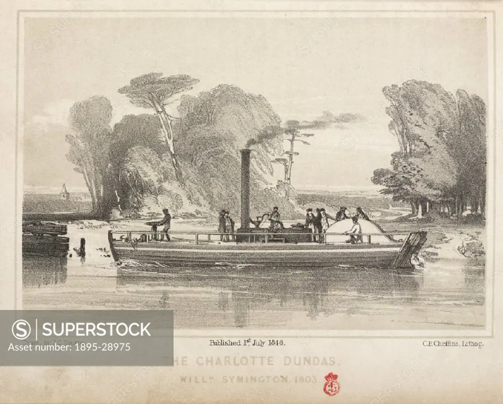 Lithograph by C F Cheffins after a drawing by John C Bourne. William Symington (1763-1831), British pioneer of marine steam propulsion, designed the e...