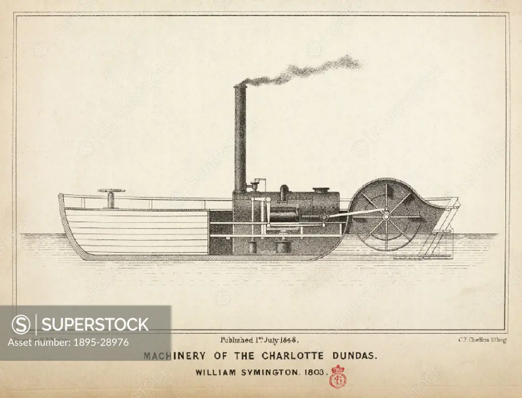 Lithograph by C F Cheffins after a drawing by H B Barlow, of the 10 nominal hp engine designed and built by William Symington (1763-1831), British pio...
