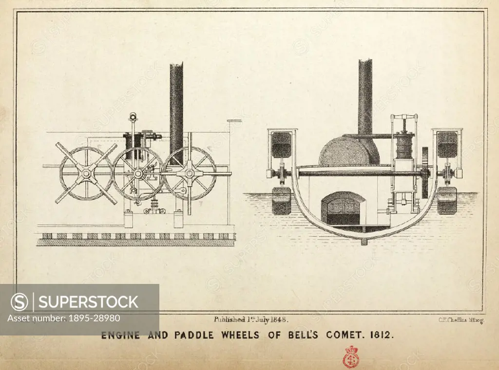 Lithograph by C F Cheffins after a drawing by H B Barlow, of parts of the steamship designed by Henry Bell (1767-1830), a Scottish pioneer of steam na...