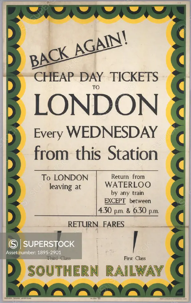 Back Again! Cheap Day Tickets to London every  Wednesday from this Station´, SR poster, 1939. Stock poster produced for the Southern Railway (SR) to a...