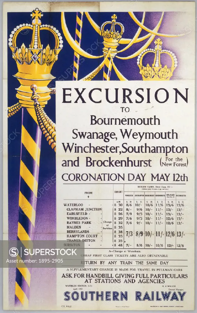 Excursion to Bournemouth, Swanage, Weymouth,  Winchester, Southampton and Broadhurst´, SR poster, 1937. Colour notice produced for the Southern Railwa...