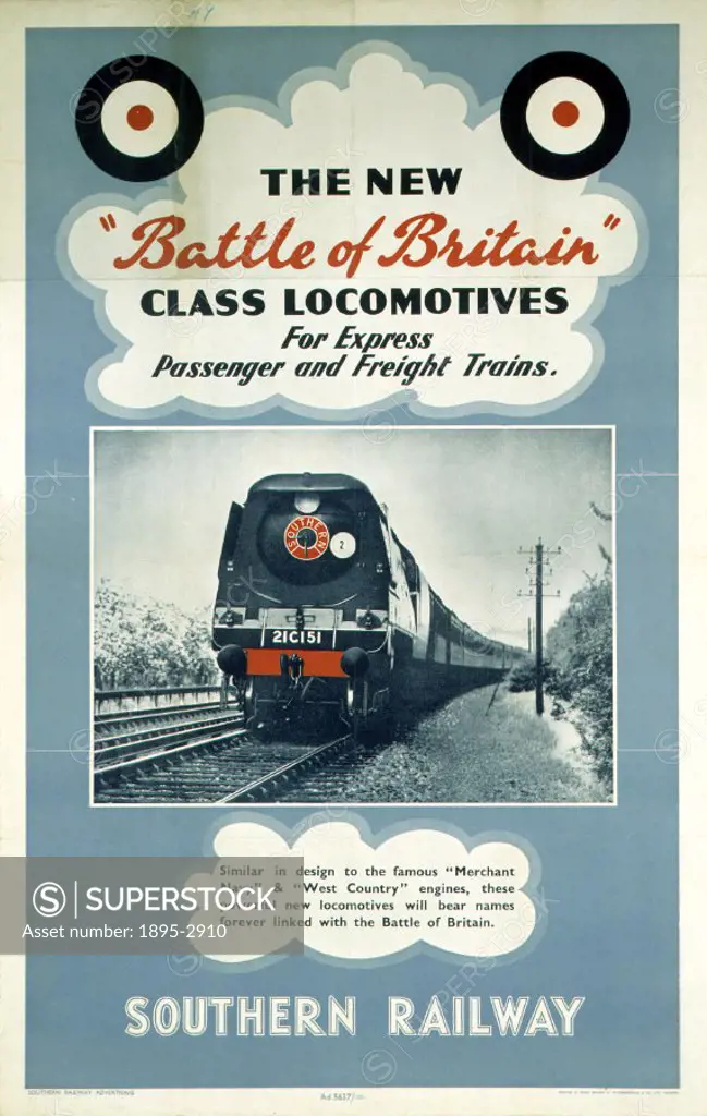 Poster produced for Southern Railways (SR) to promote the companys new ‘Battle of Britain class locomotives for express, passenger and freight train...