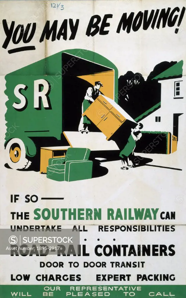 Poster produced for Southern Railway (SR) to promote the companys door to door transit services using road-rail containers. Artwork by an unknown art...