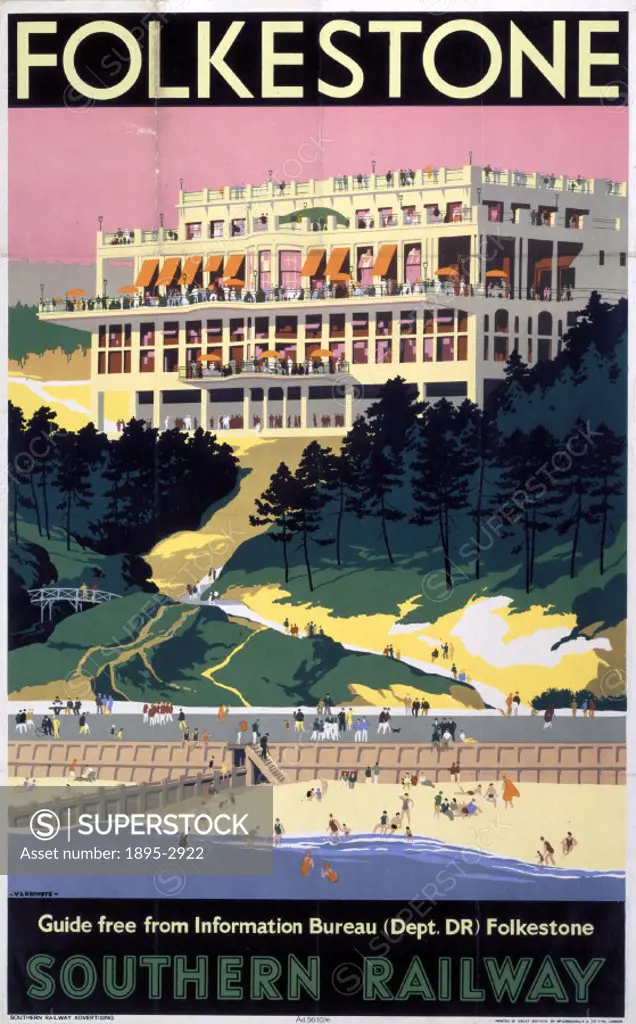 Poster produced for Southern Railway (SR) to promote rail travel to Folkestone, Kent. Artwork by Verney L Danvers, who ran a school of commercial art ...