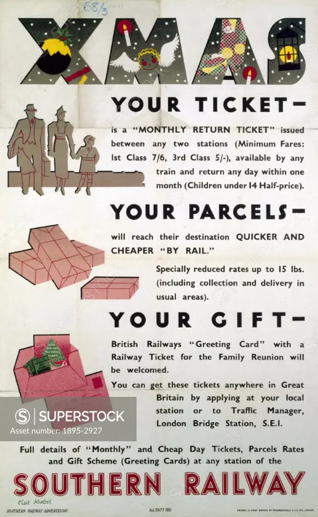 Poster produced for Southern Railway (SR) to promote the use of rail services during the Christmas period. Artwork by Elsie Knebel.