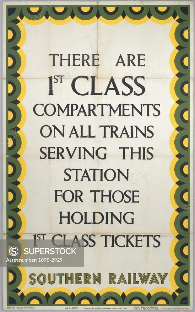 There are 1st Class Compartments on all Trains serving this Station for those holding 1st Class Tickets´, SR poster, 1941. Southern Railway (SR) poste...