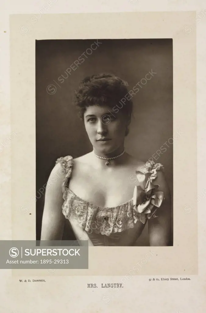 A photographic portrait of Lillie Langtry (1853-1929), taken by W. and D. Downey in 1890.  A close-up photograph of Lilllie Langtry, and an early exam...
