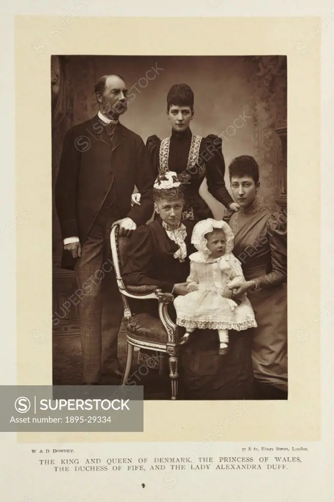 A photographic portrait of four generations of the Danish royal family, taken by W. and D. Downey in 1894.   King Christian IX (1818-1906), and, seate...